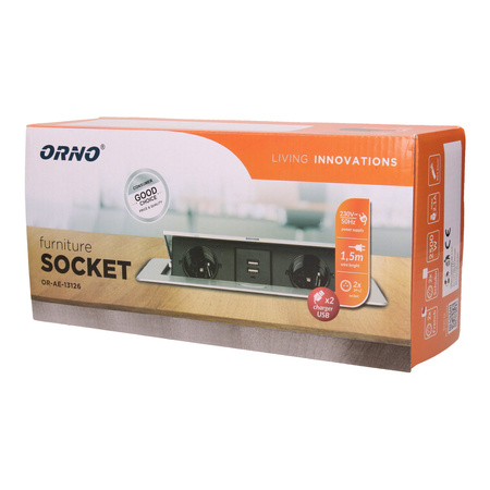 Gniazdo meblowe wpuszczane w blat z płaskim frezowanym rantem. ładowarką USB i przewodem 1.5m. 2x2P+Z. 2xUSB. czarne OR-AE-13126/B