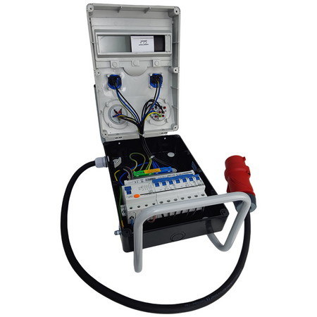 Rozdzielnica budowlana 32A 16A skrzynka elektryczna na stojaku z kablem 2x230V Schuko Doktorvolt ECO-S/FI SKHU DV-0403-D