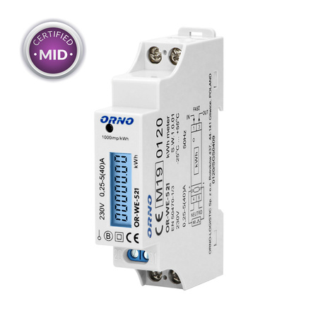 1-fazowy licznik energii elektrycznej. 40A. MID. wyjście impulsowe. podświetlenie. 1 moduł. DIN TH-35mm OR-WE-521