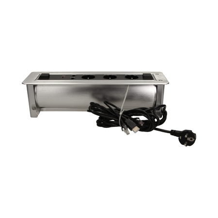 Gniazdo meblowe wpuszczane w blat z płaskim frezowanym rantem oraz elektrycznym otwieraniem. 3x2P+Z.2xNET.1xHDMI OR-AE-13110