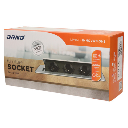 Gniazdo meblowe wpuszczane w blat z płaskim. frezowanym rantem. 3x2P+Z. mosiądz OR-AE-1336/BR