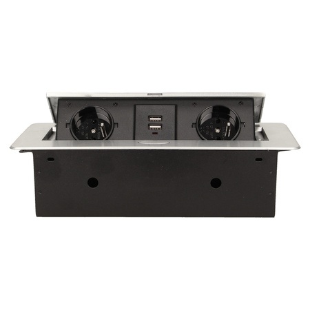 Gniazdo meblowe wpuszczane w blat z płaskim frezowanym rantem i ładowarką USB. 2x2P+Z. 2xUSB. srebrny OR-AE-13109/G