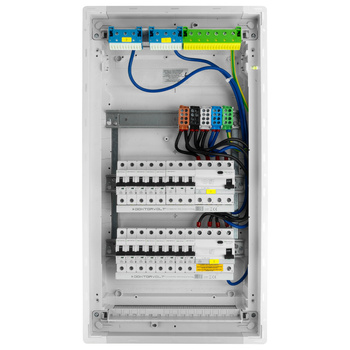 Rozdzielnica modułowa podtynkowa 3x12 zabezpieczona 14xMCB 1xRCCB VDE okablowana skrzynka elektryczna Hager 630,50x348x98mm zaciski rozgałęźne L1, L2, L3, N, PE Doktorvolt DV-6234-PT