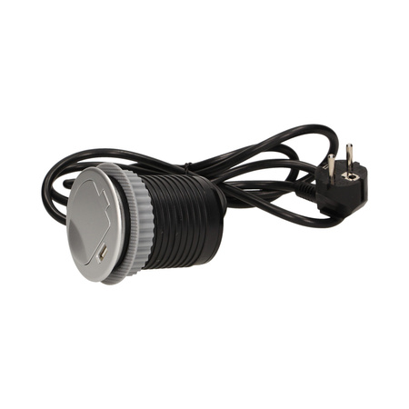 Gniazdo meblowe Ø6cm wpuszczane w blat z pokrywką. ładowarką USB i przewodem 1.8m. 1x2P+Z. 1xUSB OR-AE-1373