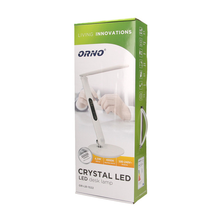 CRYSTAL LED 6.5W. Lampka biurkowa z budzikiem. czujnikiem ruchu i ładowarką USB. 500lm. 4000K. biała OR-LB-1522