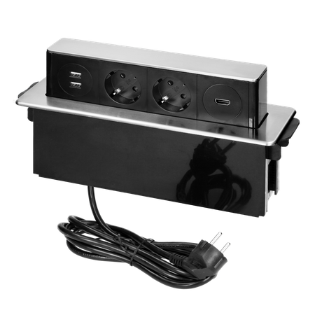 Gniazdo meblowe wysuwane z blatu z płaskim frezowanym rantem ładowarką USB i przewodem 2m 2x2P+Z (Schuko) 2 x USB (Typ... OR-GM-9016(GS)/B-G