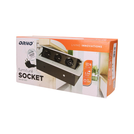 Gniazdo meblowe wpuszczane w blat z płaskim frezowanym rantem i przewodem 1.5m. 3x2P+Z. srebrne OR-AE-1337/G