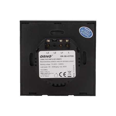 Bezprzewodowy podwójny. dotykowy wyłącznik światła. sterowany pilotem OR-GB-437
