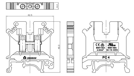 Złączka szynowa przelotowa szara śrubowa 4mm2 1P VDE UL PC4-01P-11-00A(H)