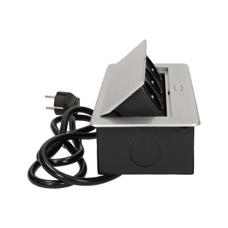 Gniazdo meblowe wpuszczane w blat z płaskim frezowanym rantem i przewodem 1.5m. 3x2P+Z. srebrne OR-AE-1337/G