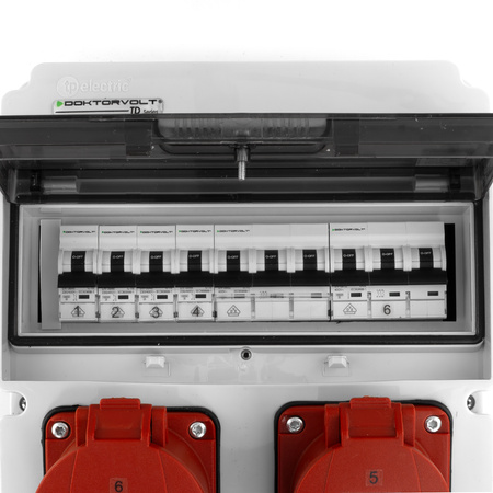 Rozdzielnica budowlana JUN 32A/16A/4x230V z zabezpieczeniami IP54 gniazda DOKTORVOLT® DV-6856-F