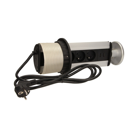 Gniazdo meblowe Ø10cm wysuwane z blatu z ładowarką USB i przewodem 1.8m. 3x2P+Z. 2xUSB OR-AE-1353