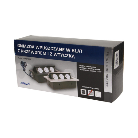 Gniazdo meblowe wpuszczane w blat z grubym rantem 3x2P+Z. przewód 1.5m 3x1.5mm2. srebrne OR-AE-1338/G