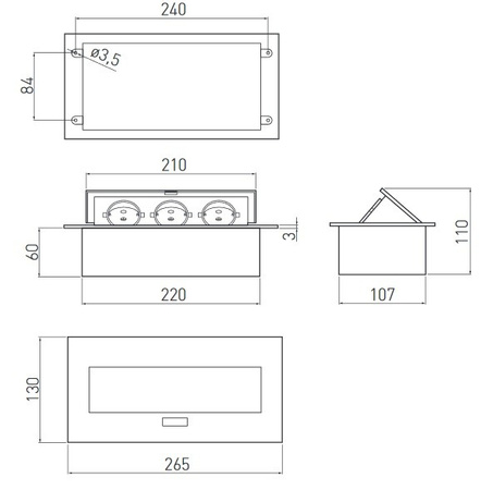 Przedłużacz biurkowy 3x230V z uziemieniem aluminium GTV AE-PB03GU-53