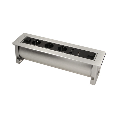 Gniazdo meblowe wpuszczane w blat z płaskim frezowanym rantem oraz elektrycznym otwieraniem. 3x2P+Z.2xNET.1xHDMI OR-AE-13110