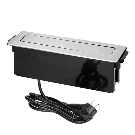 Gniazdo meblowe wysuwane z blatu z płaskim frezowanym rantem. ładowarką USB i przewodem 2m. 3 gniazda typ E. 2 x USB... OR-GM-9009/B-G