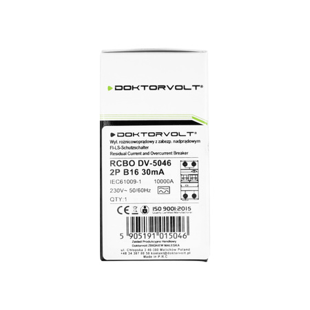 Wyłącznik różnicowoprądowy RCBO z członem nadprądowym B16 30mA 10 kA typ A Doktorvolt DV-5046