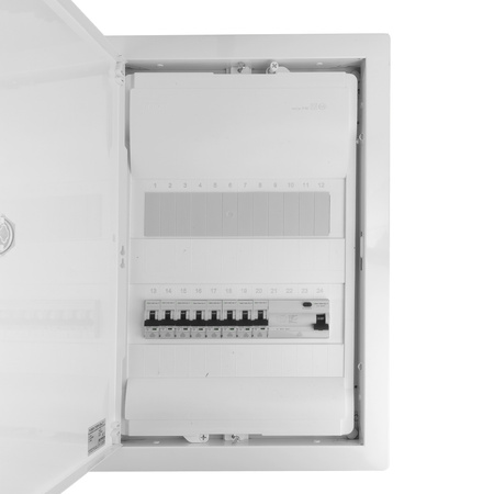 Rozdzielnica modułowa podtynkowa 2x12 zabezpieczona 8xMCB 1xRCCB VDE  okablowana skrzynka elektryczna Hager 505,50x348x98mm zaciski rozgałęźne L1, L2, L3, N, PE Doktorvolt DV-6210-PT