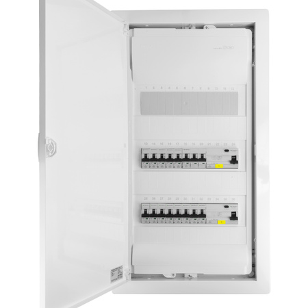 Rozdzielnica modułowa podtynkowa 3x12 zabezpieczona 14xMCB 1xRCCB VDE  okablowana skrzynka elektryczna Hager 630,50x348x98mm zaciski rozgałęźne L1, L2, L3, N, PE Doktorvolt DV-6234-PT
