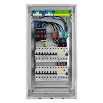 Rozdzielnica modułowa podtynkowa 3x12 zabezpieczona 14xMCB 1xRCCB VDE  ogranicznik przepięć Saltek okablowana skrzynka elektryczna Hager 630,50x348x98mm zaciski rozgałęźne L1, L2, L3, N, PE Doktorvolt DV-6241-PT