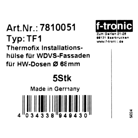 F-tronic TF-1Pierścień mocujący Thermofix do montażu puszek podtynkowych Ø68mm w elewacji styropianie EPS ETICS rękaw instalacyjny Ø74mm niebieski 5 sztuk 781 TF1