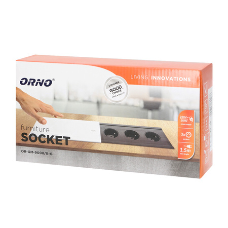 Gniazdo meblowe wpuszczane w blat 3x2P+Z z przesuwną pokrywką i przewodem 1.5m. 3x1.5mm2. czarno-srebrne OR-GM-9008/B-G