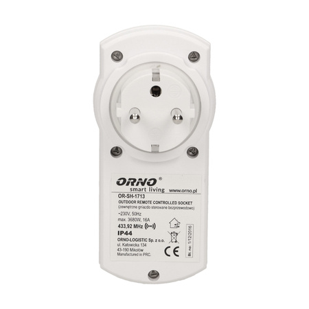 Gniazdo sieciowe zewnętrzne sterowane bezprzewodowo. IP44. ORNO Smart Living OR-SH-1713