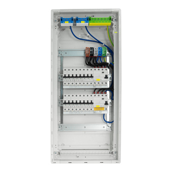 Rozdzielnica modułowa podtynkowa 4x12 zabezpieczona 14xMCB 2xRCCB VDE okablowana skrzynka elektryczna Hager 755,50 x348x98mm zaciski rozgałęźne L1, L2, L3, N, PE Doktorvolt DV-6265-PT