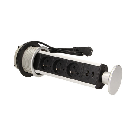 Gniazdo meblowe Ø8cm wysuwane z blatu z ładowarką USB i przewodem 1.8m. 3x2P+Z. 2xUSB OR-AE-1357