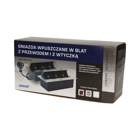 Gniazdo meblowe wpuszczane w blat z płaskim rantem 3x2P+Z. przewód 1.5m 3x1.5mm2. czarne OR-AE-1372/B