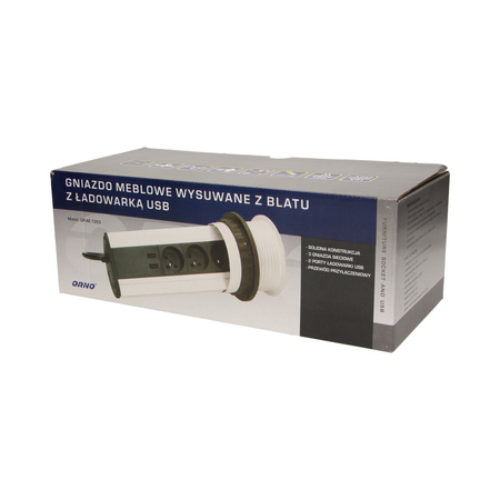 Gniazdo meblowe Ø10cm wysuwane z blatu z ładowarką USB i przewodem 1.8m. 3x2P+Z. 2xUSB OR-AE-1353