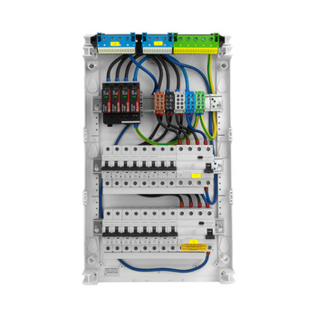 Rozdzielnica modułowa natynkowa 3x12 zabezpieczona 14xMCB 2xRCCB VDE ogranicznik przepięć Saltek okablowana skrzynka elektryczna Hager 515x305x96,5mm zaciski rozgałęźne L1, L2, L3, N, PE Doktorvolt DV-6340-NT
