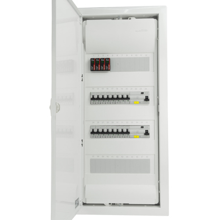 Rozdzielnica modułowa podtynkowa 4x12 zabezpieczona 14xMCB 2xRCCB VDE ogranicznik przepięć Saltek okablowana skrzynka elektryczna Hager 755,50 x348x98mm zaciski rozgałęźne L1, L2, L3, N, PE Doktorvolt DV-6258-PT