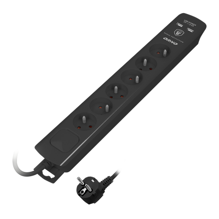 Listwa przeciwprzepięciowa. 6 gniazd 2P+Z. kabel 3x1.0mm2. długość 3m. czarna. 10A/230 VAC. z ochronnikiem... OR-AE-13163/B/3M