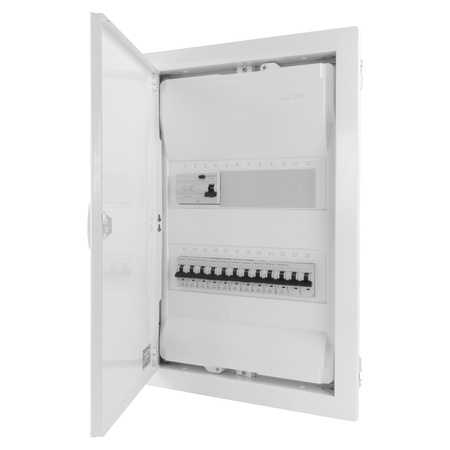 Rozdzielnica modułowa podtynkowa 2x12 zabezpieczona 10xMCB 1xRCCB VDE  okablowana skrzynka elektryczna Hager 505,50x348x98mm zaciski rozgałęźne L1, L2, L3, N, PE Doktorvolt DV-6227-PT