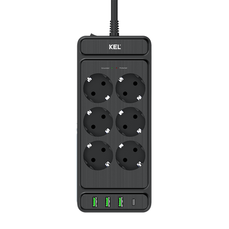 Listwa przepięciowa 6x gniazdo Schuko 3x USB-A 1x USB-C czarna W-00354