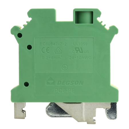 Złączka szynowa przelotowa żółto-zielona PE śrubowa 6mm2 1P VDE UL PC6-PE-01P-1Y-00A(H)