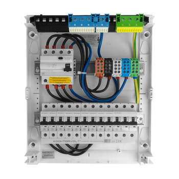 Rozdzielnica modułowa natynkowa 2x12 zabezpieczona 10xMCB 1xRCCB VDE okablowana skrzynka elektryczna Hager 370x305x96,5mm zaciski rozgałęźne L1, L2, L3, N, PE Doktorvolt DV-6326-NT