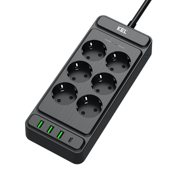 Listwa przepięciowa 6x gniazdo Schuko 3x USB-A 1x USB-C czarna W-00354