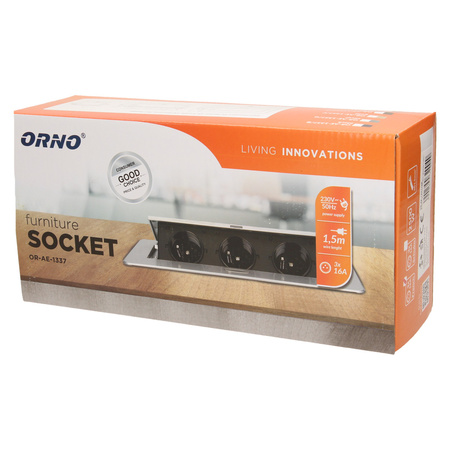 Gniazdo meblowe wpuszczane w blat z płaskim frezowanym rantem i przewodem 1.5m. 3x2P+Z. grafit OR-AE-1337/GR