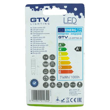 Żarówka LED G9 7W 3000K ciepła barwa 560lm GTV LD-G9P7W0-30