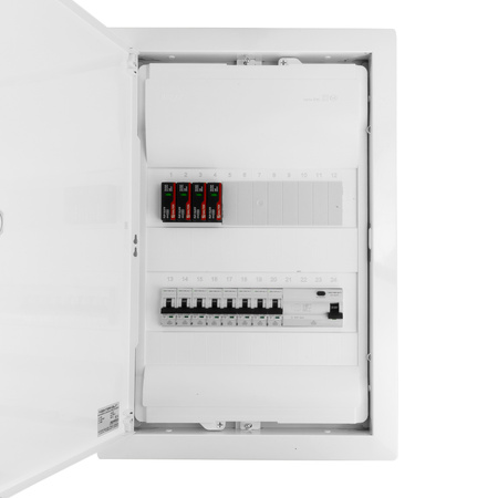 Rozdzielnica modułowa podtynkowa 2x12 zabezpieczona 8xMCB 1xRCCB VDE ogranicznik przepięć Saltek okablowana skrzynka elektryczna Hager 505,50x348x98mm zaciski rozgałęźne Doktorvolt DV-6203-PT
