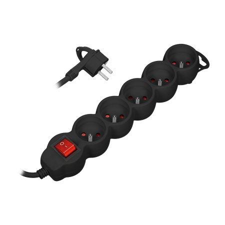 Przedłużacz 5-krotny 2P+Z. z wyłącznikiem. 3m H05VV-F 3x1.0mm2. Imax 10A. płaska wtyczka. czarny OR-AE-13150/B/3M