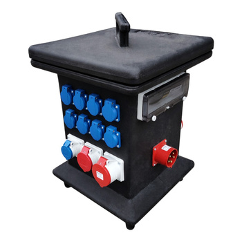 Rozdzielnica budowlana KIB-S/FI 2x32A 2x16A 2xCamp 16x230V odbiornikowe 32A 3 fazowy woltomierz Schuko DV-0885-D