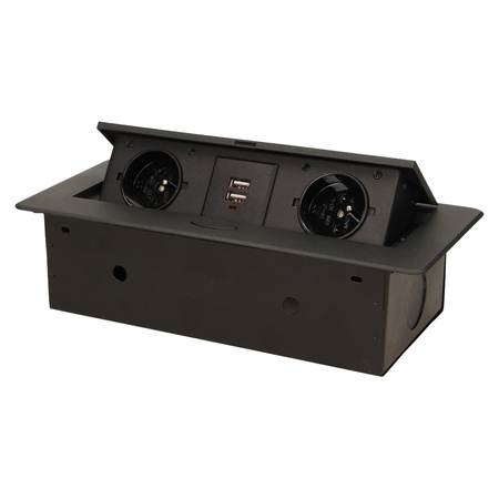 Gniazdo meblowe wpuszczane w blat z płaskim frezowanym rantem i ładowarką USB. 2x2P+Z. 2xUSB. czarny OR-AE-13109/B
