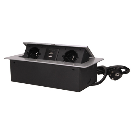 Gniazdo meblowe wpuszczane w blat z płaskim frezowanym rantem. ładowarką USB i przewodem 1.5m. 2x2P+Z. 2xUSB. srebrne OR-AE-13126/G