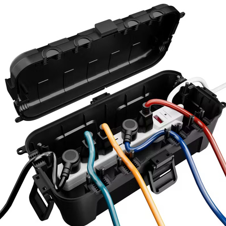 Skrzynka hermetyczna na kable wodoodporna duża 29x13,2x10cm zewnętrzna puszka elektryczna na przedłużacz 6 przepustów ogrodowa organizer czarna kempingowa do lampek świątecznych choinkowych DV-6654 Doktorvolt