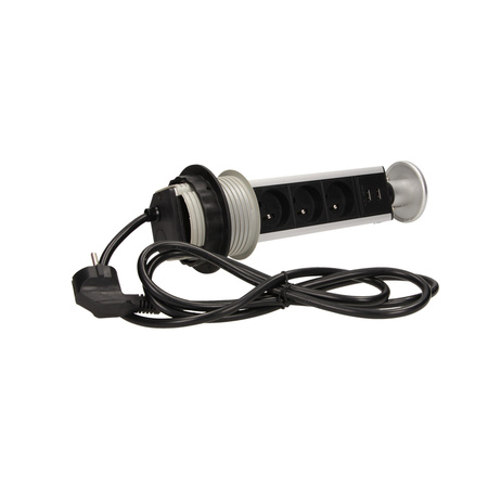 Gniazdo meblowe Ø8cm wysuwane z blatu z ładowarką USB i przewodem 1.8m. 3x2P+Z. 2xUSB OR-AE-1357
