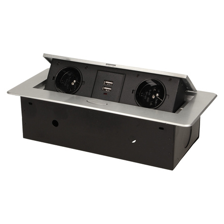 Gniazdo meblowe wpuszczane w blat z płaskim frezowanym rantem i ładowarką USB. 2x2P+Z. 2xUSB. srebrny