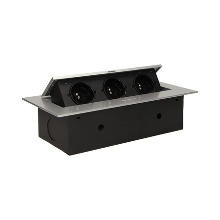 Gniazdo meblowe wpuszczane w blat z płaskim rantem. 3x2P+Z. srebrne OR-AE-1371/G